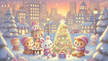 Fototapeta premium A Cozy Christmas Day: Cute Animal Characters Celebrate Around a Glowing Christmas Tree in a Pastel-Colored City, Enjoying the Festive and Heartwarming Atmosphere on a Peaceful Winter Evening