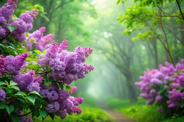 Obraz premium Purple lilac flowers blooming in a lush green forest with a misty atmosphere, lush greenery, forest landscape, purple bloom