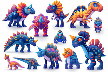 Colorful cartoon dinosaur characters in different poses isolated on white background.