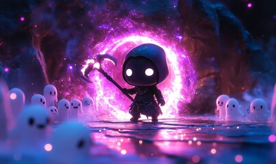 A hooded figure with a weapon stands in a purple