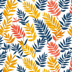 Bright and colorful foliage pattern featuring vibrant leaves in shades of yellow, red, and blue against dark background, creating lively and cheerful atmosphere