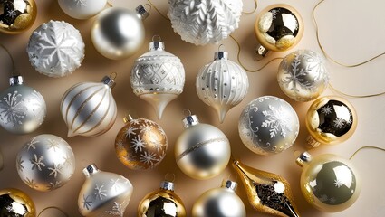 A majestic still life of Christmas ornaments in white and gold, adorned with intricate designs, glistening with a warm, festive shine, on a subtle, creamy background, evoking a sense of luxury and sop