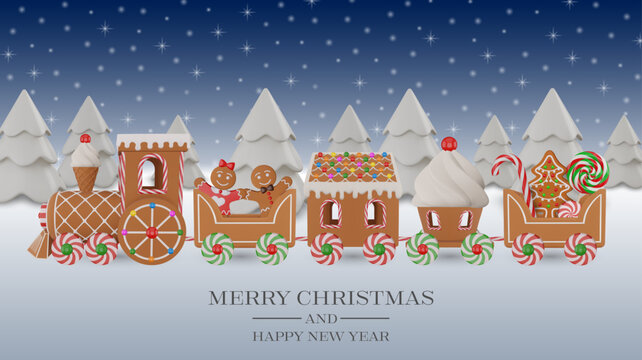 christmas card with gingerbread train and cookies on winter landscape
