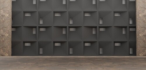 Empty room decorated with wooden slat walls, modern floor and wall scenes. Modern room, minimalist empty space with wooden slat walls and walls. 3D illustration.
