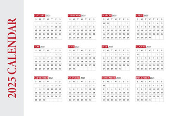 Calendar 2025, Calendar Set for 2025 year, Minimalist clean square layout, Calendar 2025 week start Sunday,