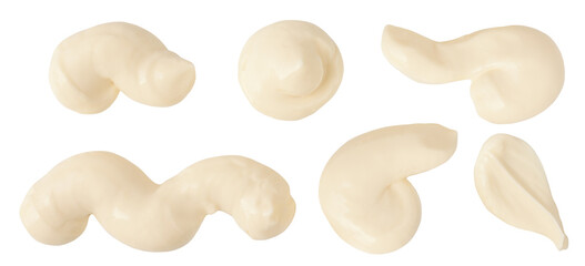 Mayonnaise smears isolated on white. Mayonnaise drops and splash set. Wavy lines of mayo sauce Top view. Flat lay.