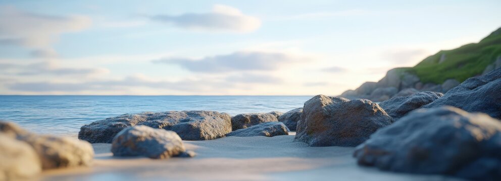 Serene coastal landscape with rocky shoreline and tranquil ocean