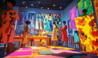 Fototapeta premium Mannequins stand near colorful abstract artwork.