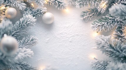 Fir tree Christmas frame, red gold Christmas decorations on white background. Copy space. New Year