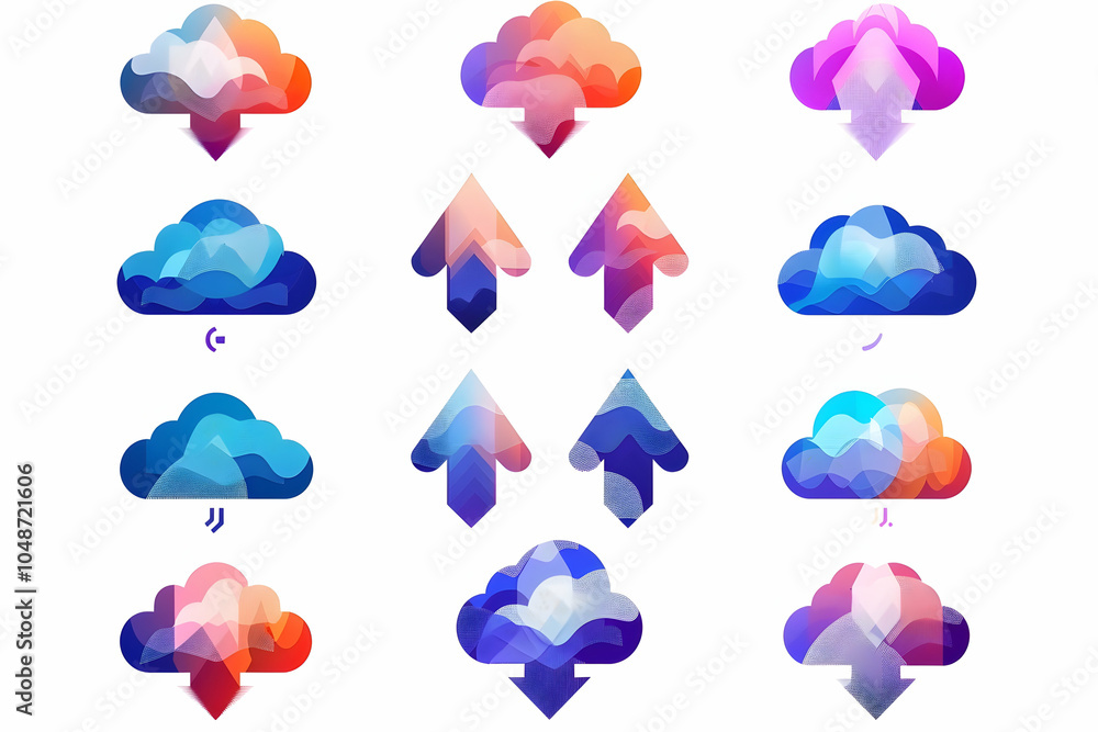 Poster colorful cloud icons with arrows for download and upload in various color palettes.