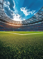 Fototapeta premium Empty stadium with green grass field under blue sky with clouds.