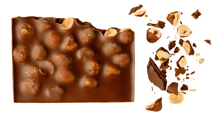 Levitating dark chocolate chunks isolated on white background. Broken chocolate bar pieces with...