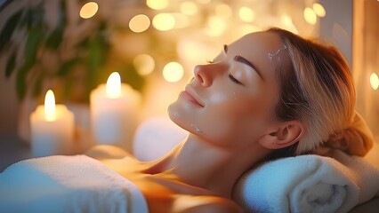 Fototapeta premium Relaxation rest, woman resting lying down, close-up.Woman after massage in spa center.