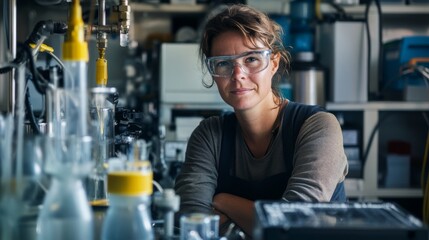A laboratory researcher with safety goggles smiles confidently among various scientific equipment and glassware.