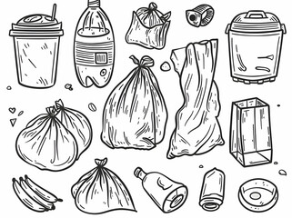 Obraz premium Hand-drawn black and white illustration of various types of garbage.