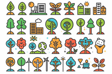Fototapeta premium A collection of colorful line icons depicting various trees, plants, nature, and buildings.