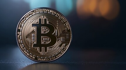 Close-up of a shiny golden bitcoin cryptocurrency coin