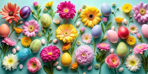 Fototapeta premium A vibrant spring arrangement featuring colorful Easter eggs, delicate blossoms, and a cheerful turquoise background.