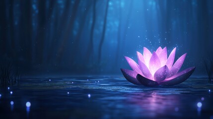 Glowing purple lotus flower floating on calm water at night