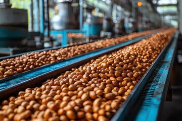 Fototapeta premium Peanuts Conveying on a Conveyor Belt in a Factory