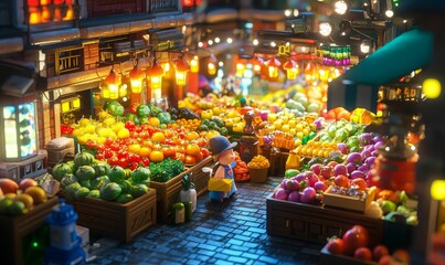 Obraz premium Night market with fruits, vegetables, and a young girl.