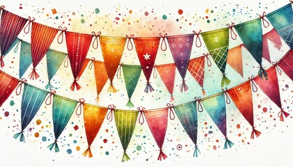 Obraz premium A festive watercolor-style image featuring two strings of triangular pennant flags in various colors, including shades of red, orange, yellow, green.