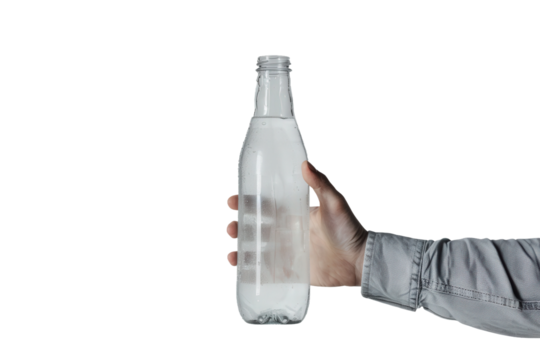 A Man grab a Bottle full of Water on his Right hand peacefully on transparent background - Powered by Adobe