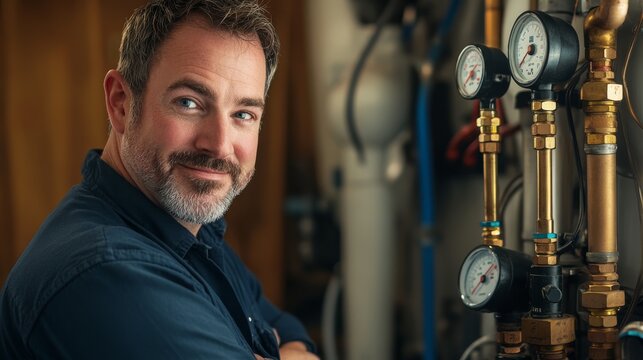 A smiling man with a beard stands beside industrial gauges and pipes, exuding confidence and expertise in his trade.