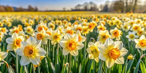Obraz premium A field of daffodils in full bloom, bathed in the golden light of the setting sun, creating a vibrant and cheerful scene of spring's arrival.