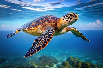 Obraz premium Underwater image of a reflected hawksbill sea turtle swimming gracefully