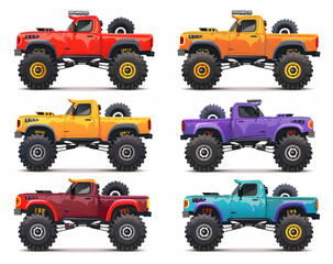 Six cartoon monster trucks in different colors.
