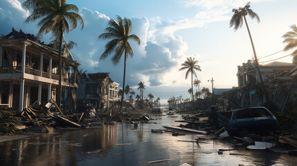 Obraz premium Devastated Coastal Town Post-Hurricane with Flooded Streets and Structural Damage