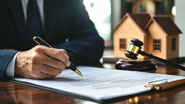A judge signs important property-related documents at his desk, with a gavel and wooden house model in the background