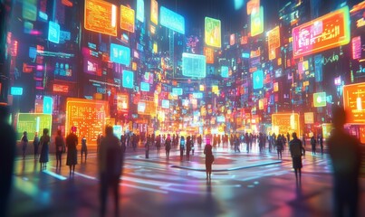 Neon city with people walking through glowing screens.
