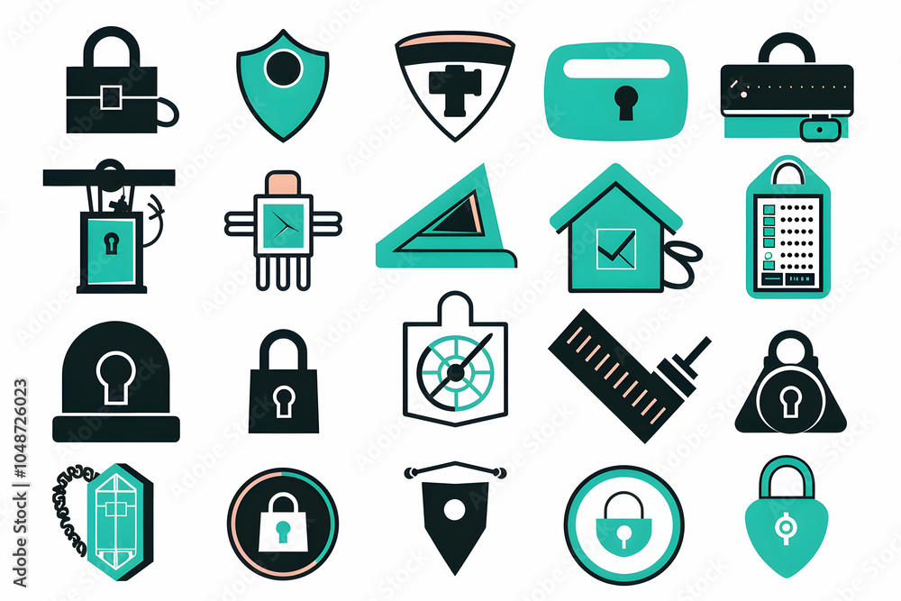 Poster a set of 20 flat design icons depicting various security and protection related themes.