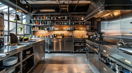 Fototapeta premium Modern Industrial Kitchen with Stainless Steel Appliances and Exposed Brick Wall