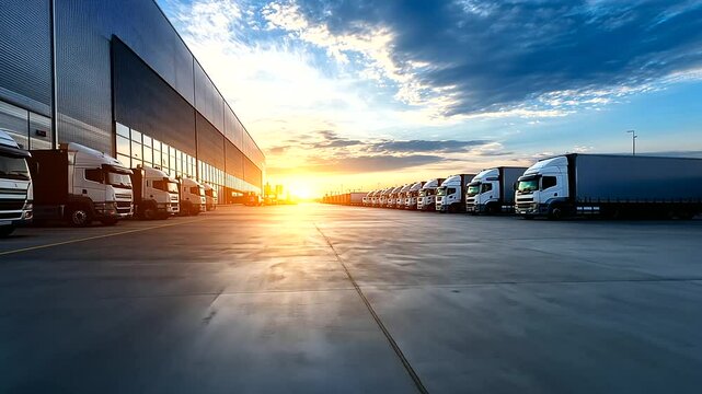 A modern warehouse building with sleek glass windows and metal panels, a spacious parking lot filled with cargo trucks, and a bright blue sky in the background