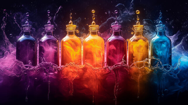 Bottles with magic elixir on dark background.
