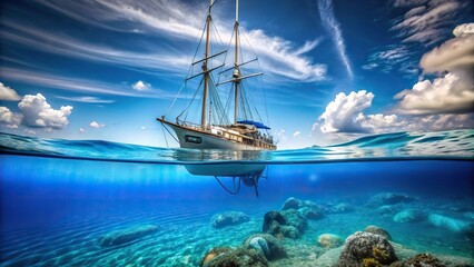 Obraz premium Underwater photography of a sailing boat with anchor in blue ocean