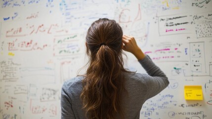 A computer science professional solving problems on a whiteboard, with equations and programming concepts written down, highlighting critical thinking skills.