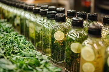 Close-up of Bottled Green Drinks with Lime Slices