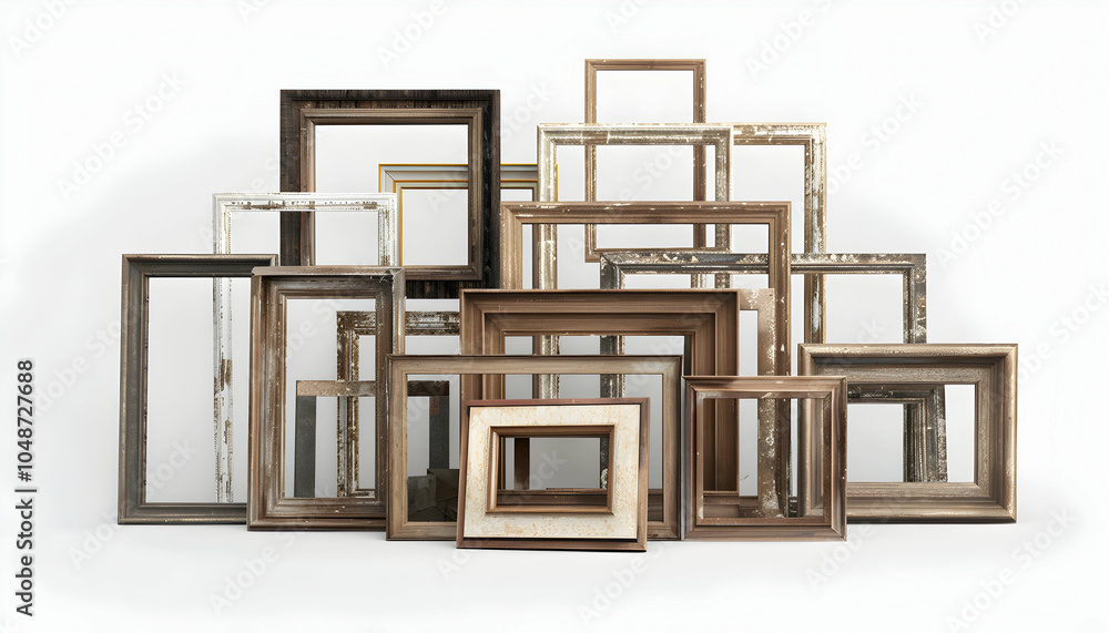 Poster a group of various wooden picture frames of different sizes and styles, arranged in a pile on a whit