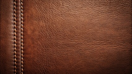 Smooth leather texture with intricate stitching on a dark brown background, debossing, tactile feel
