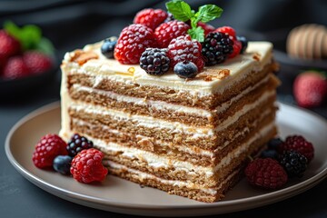 A slice of Russian honey cake, Medovik, with its multiple layers of honey-infused dough and cream filling, garnished with fresh berries