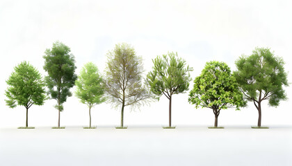 Obraz premium Seven lush green trees in a row on a white background.