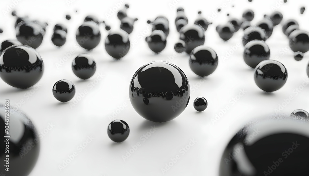 Poster a close-up of a group of black spheres scattered on a white surface. the spheres are smooth and glos