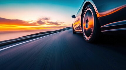 Closeup of Car Driving on Coastal Road at Sunset