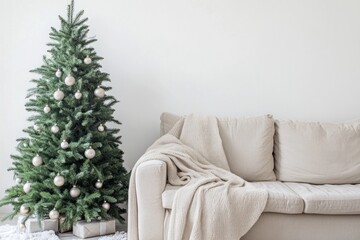 Naklejka premium A minimalist Christmas living room featuring a simple, slim Christmas tree with neutral ornaments, clean lines, and soft, cozy blankets in muted tones.
