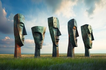 An artistic representation of the Big Five personality traits as five towering abstract sculptures in a serene landscape, each symbolizing openness, conscientiousness,