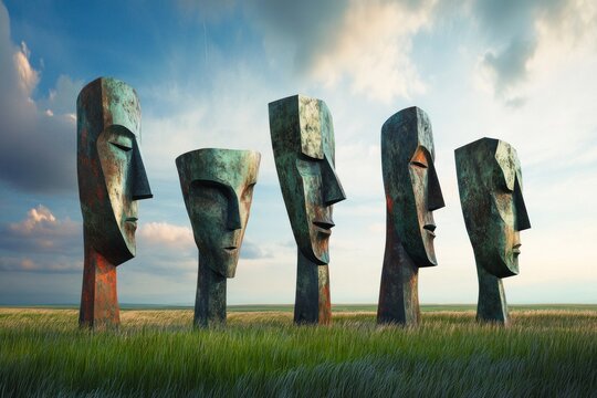 An artistic representation of the Big Five personality traits as five towering abstract sculptures in a serene landscape, each symbolizing openness, conscientiousness,